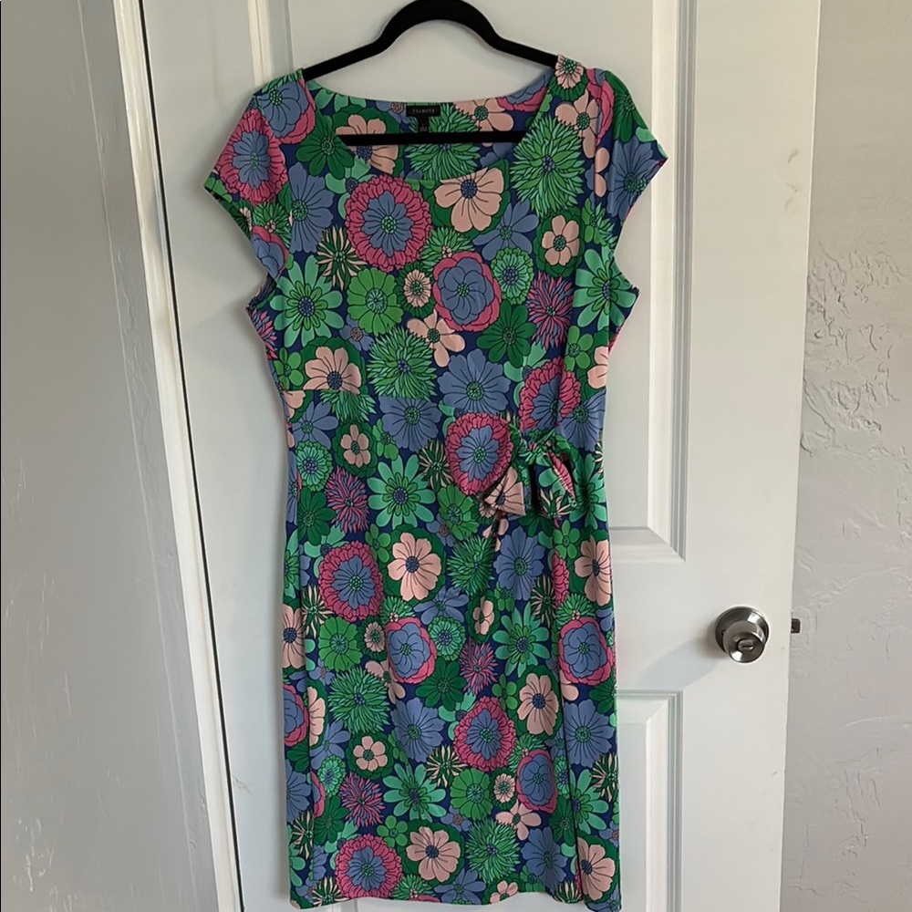 Talbots Green Floral Midi Dress with Pink & Blue Flowers